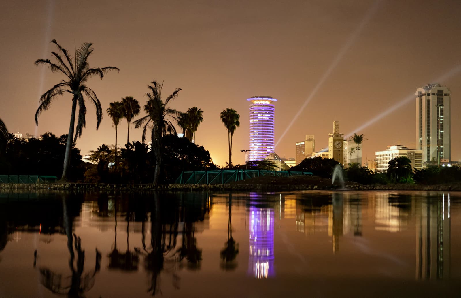 Nairobi's city centre reflected in water at night